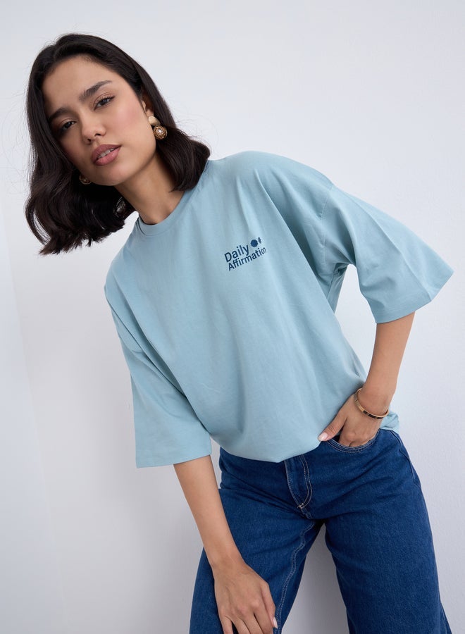 Styli Blue Oversized Slogan Print T-Shirt - Image 3